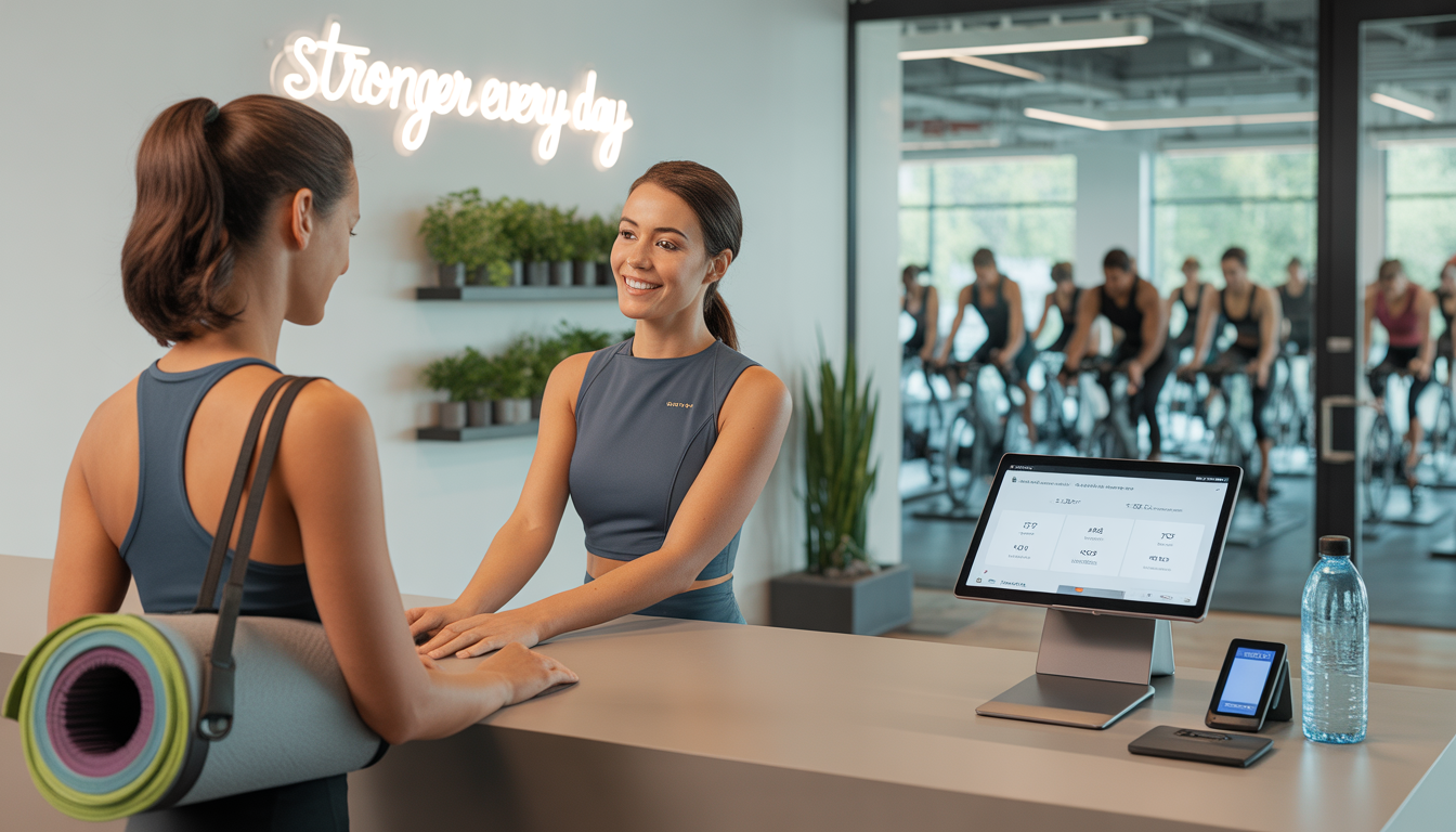 Modern boutique fitness studio with AI-powered digital check-in and scheduling system