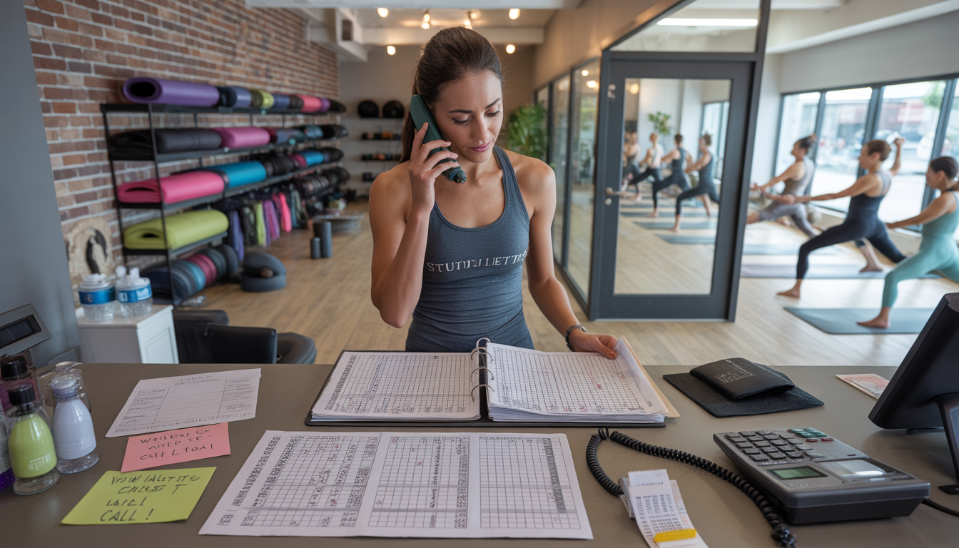 Boutique fitness studio front desk overwhelmed with manual scheduling and paperwork