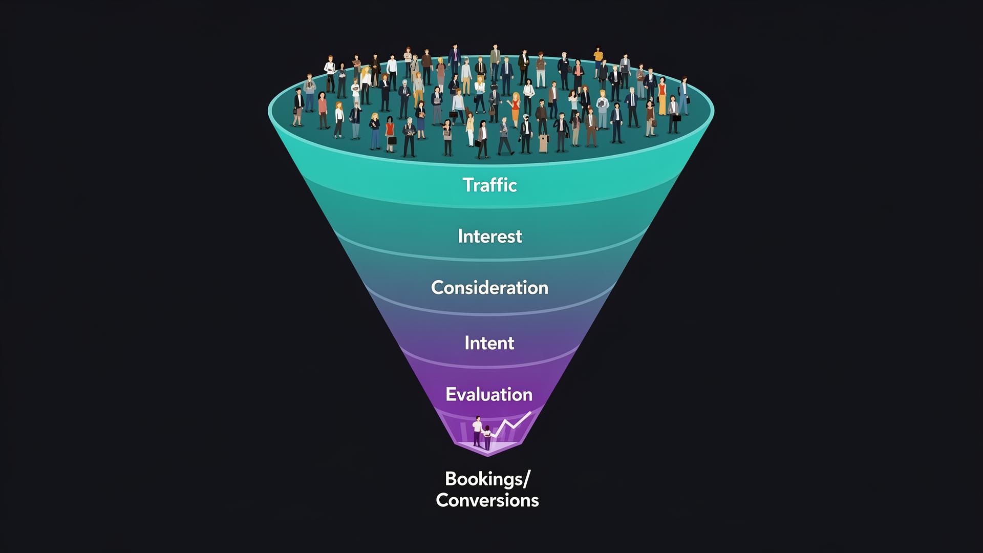 Website conversion funnel showing traffic to bookings journey