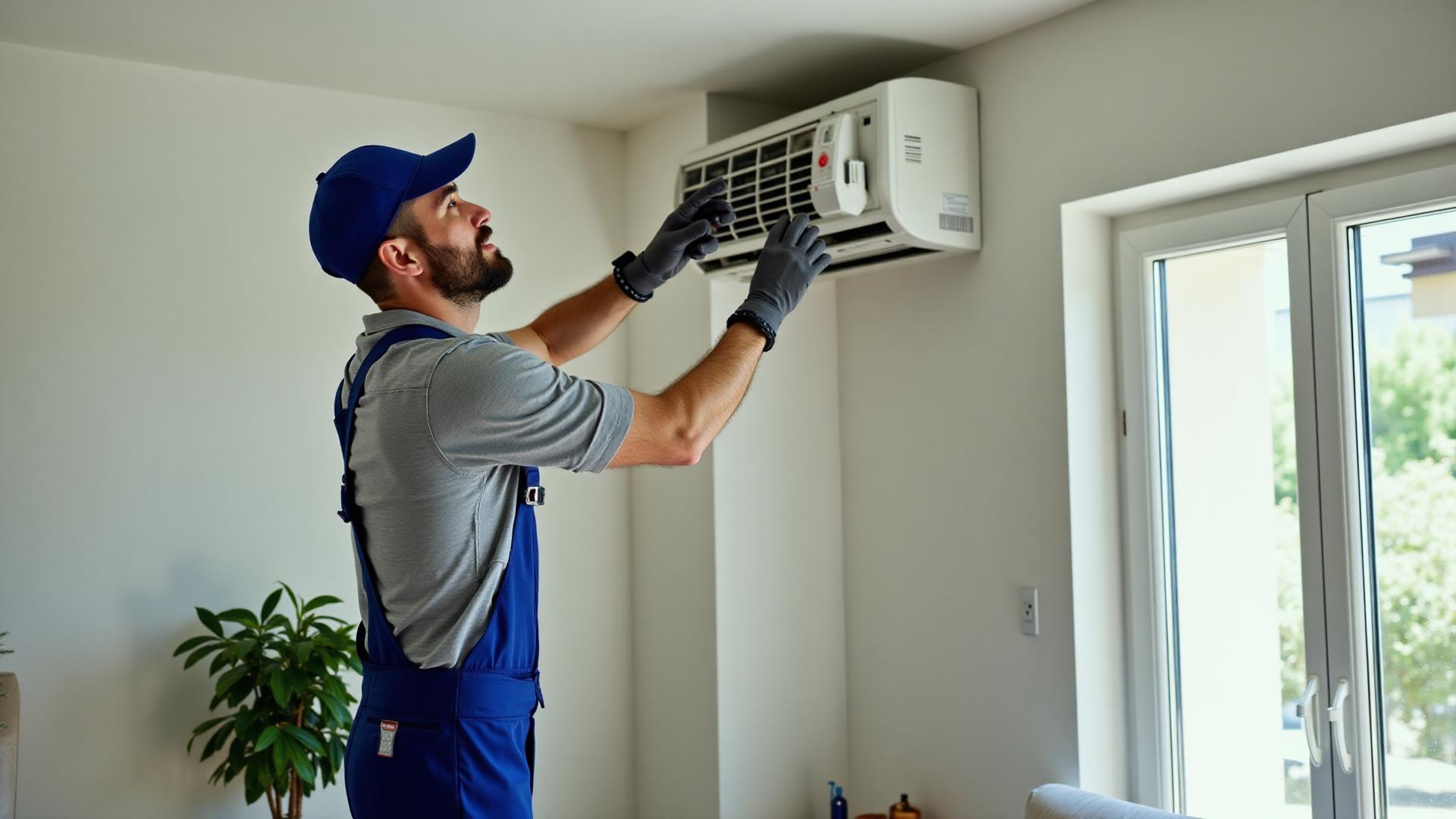 Professional HVAC technician servicing air conditioning system - AI Smart Website for HVAC services