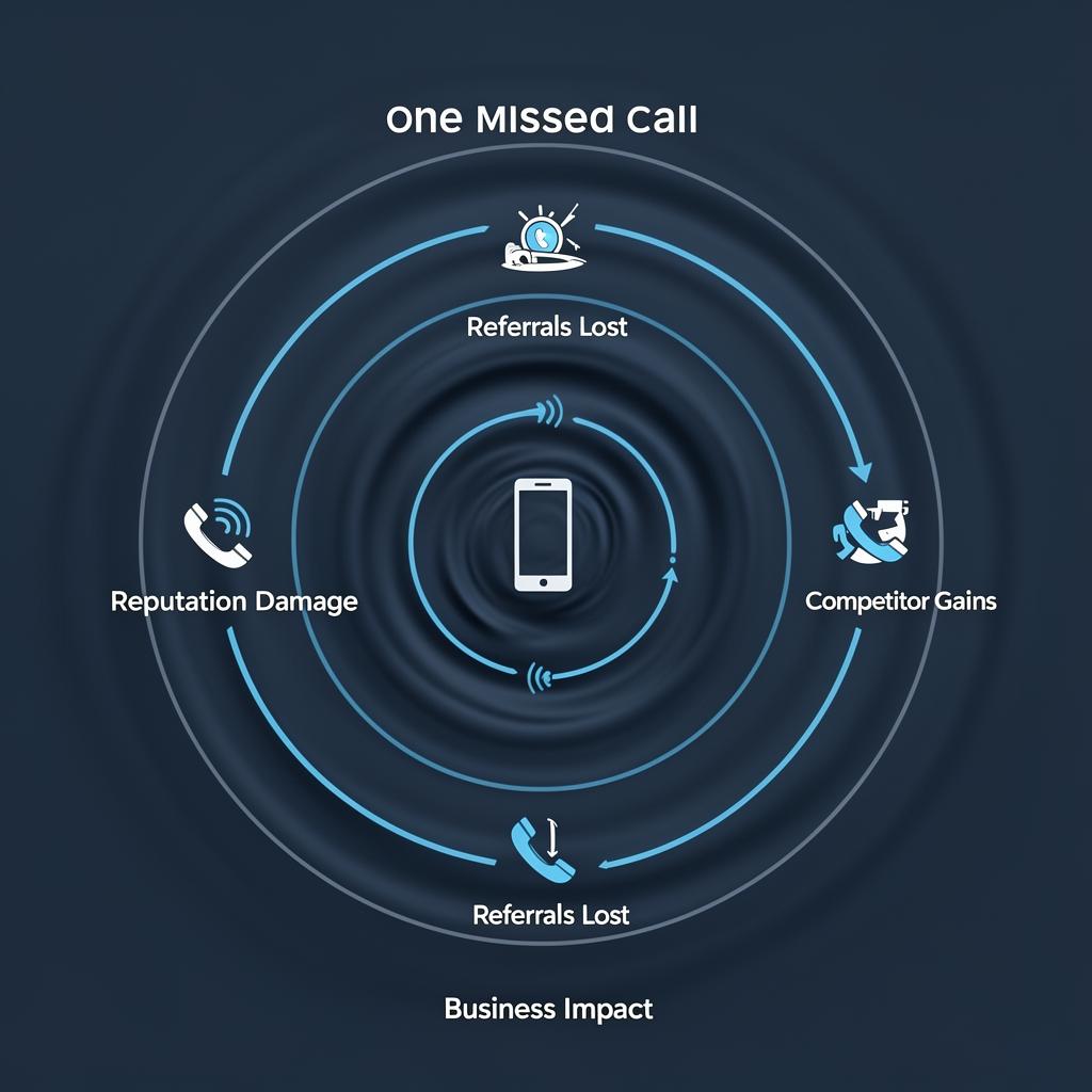 The ripple effect of one missed call showing referrals lost, reputation damage, and competitor gains