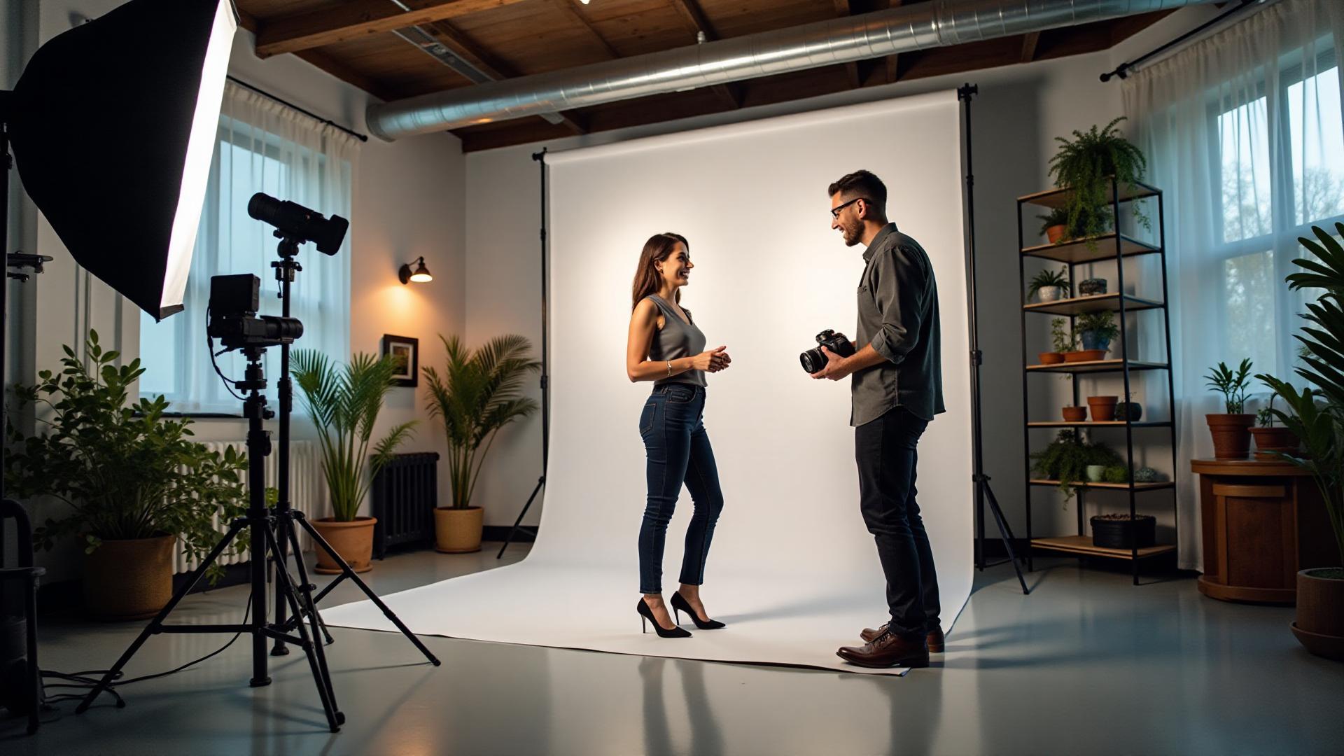 Professional photography studio with modern equipment and lighting