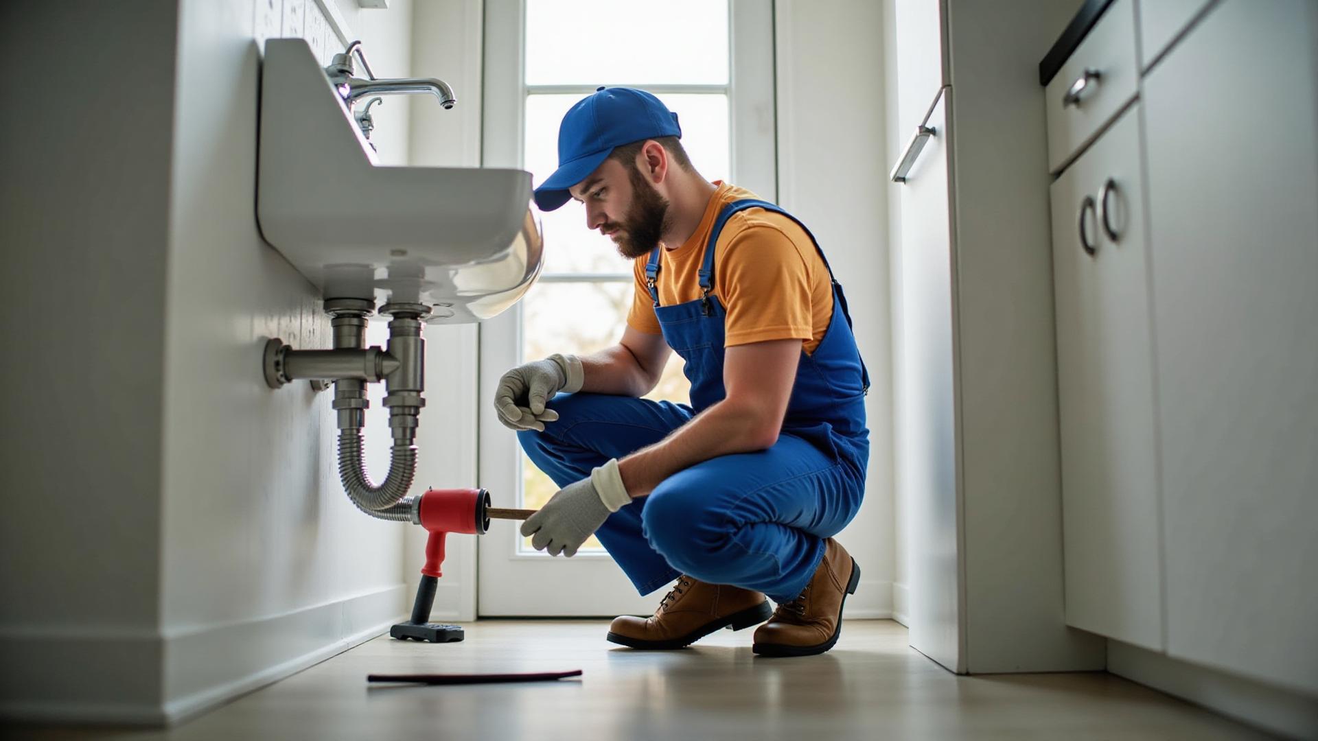 Professional plumber working on modern plumbing installation