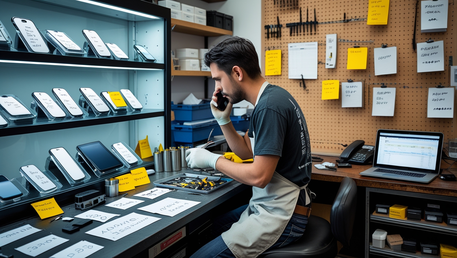 Cluttered mobile repair shop with broken phones and disorganized operations