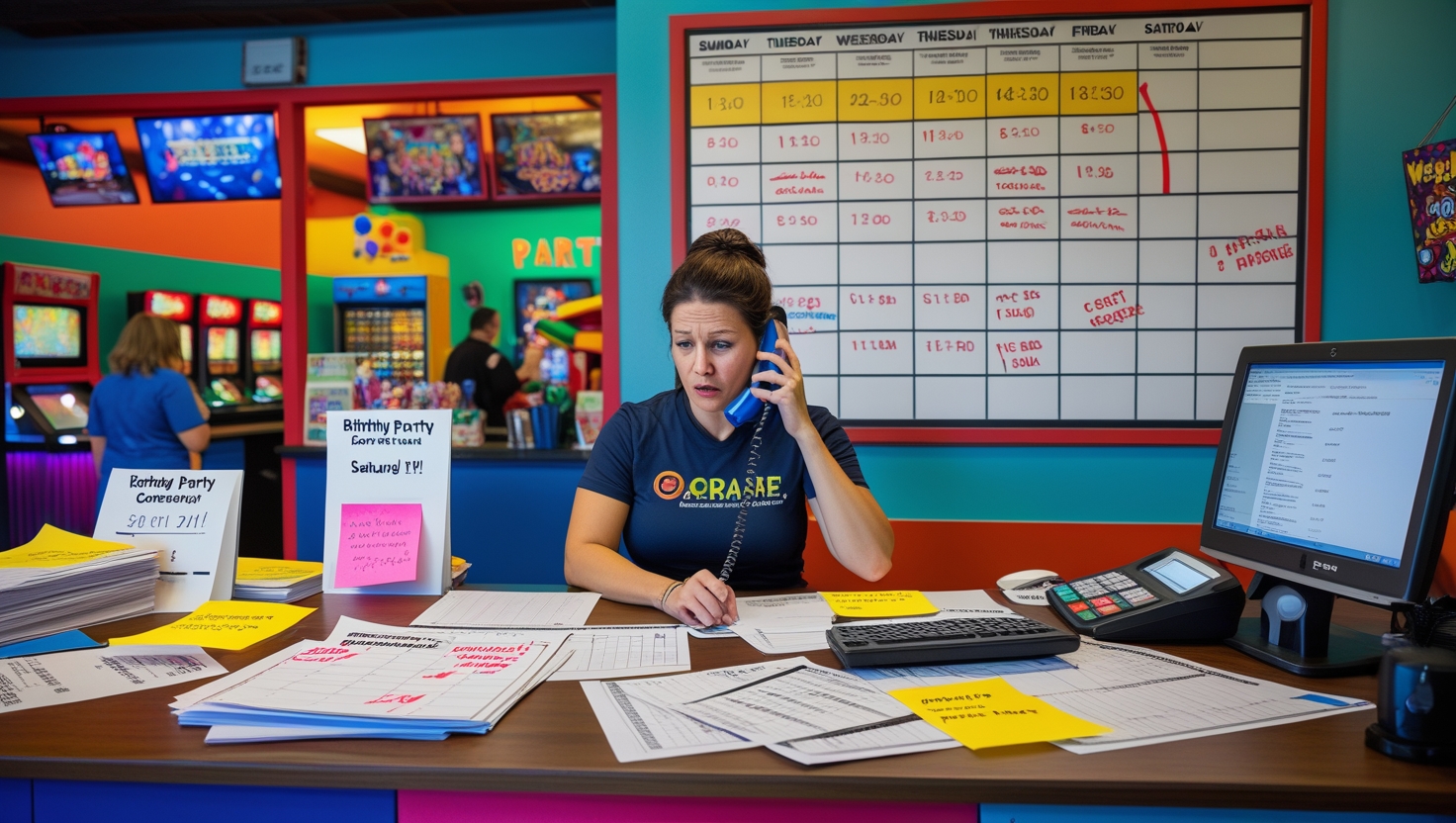 Chaotic entertainment venue reception with manual bookings and overwhelmed staff