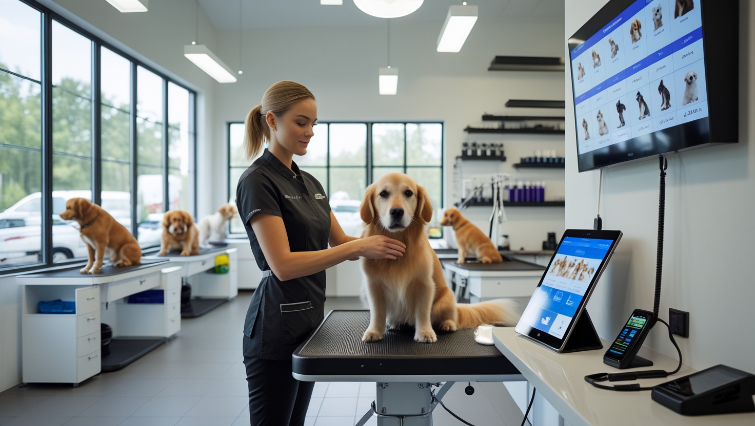 Organized pet grooming salon with digital systems and calm pets