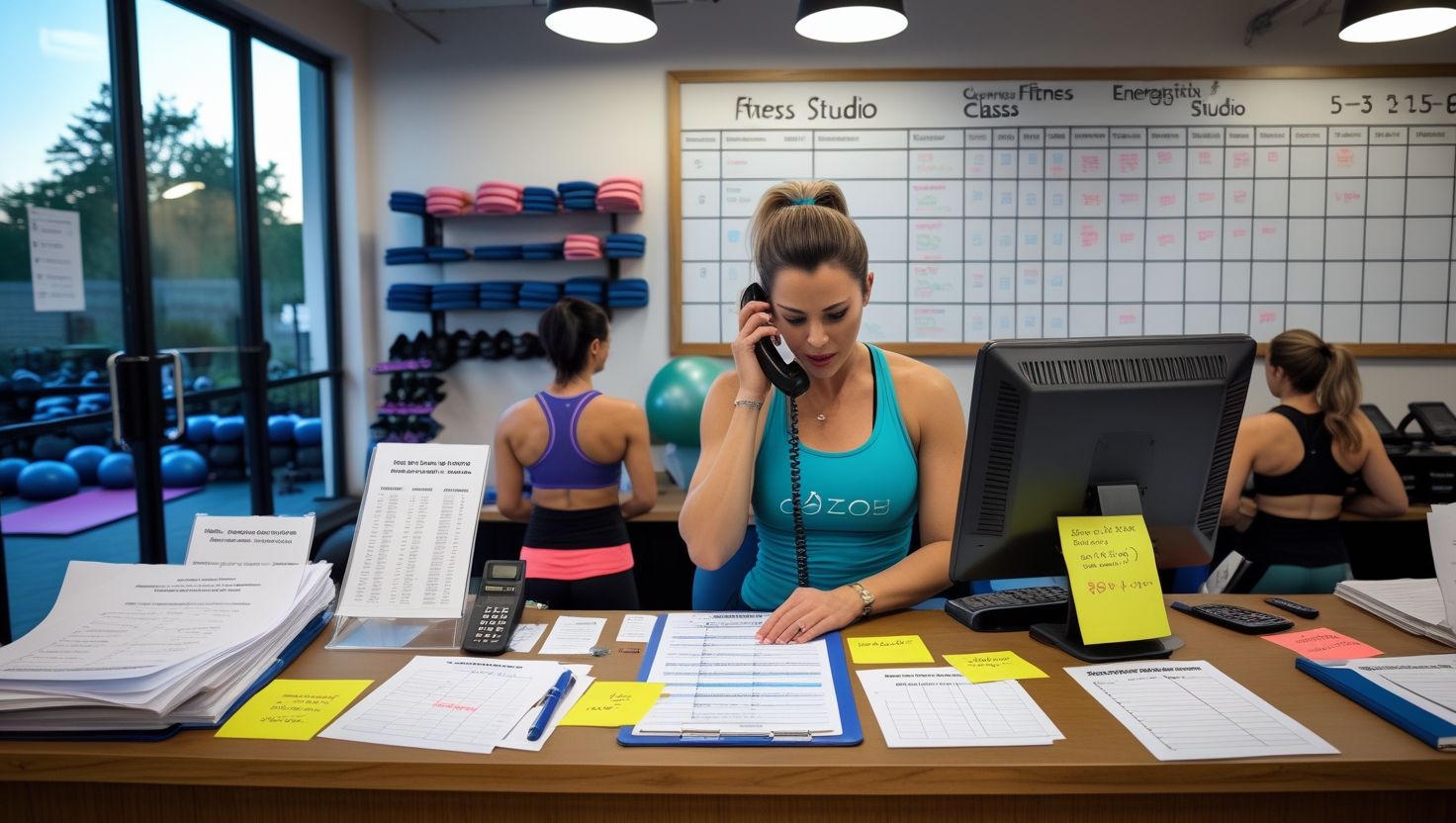 Chaotic sports studio reception with manual scheduling and overwhelmed staff