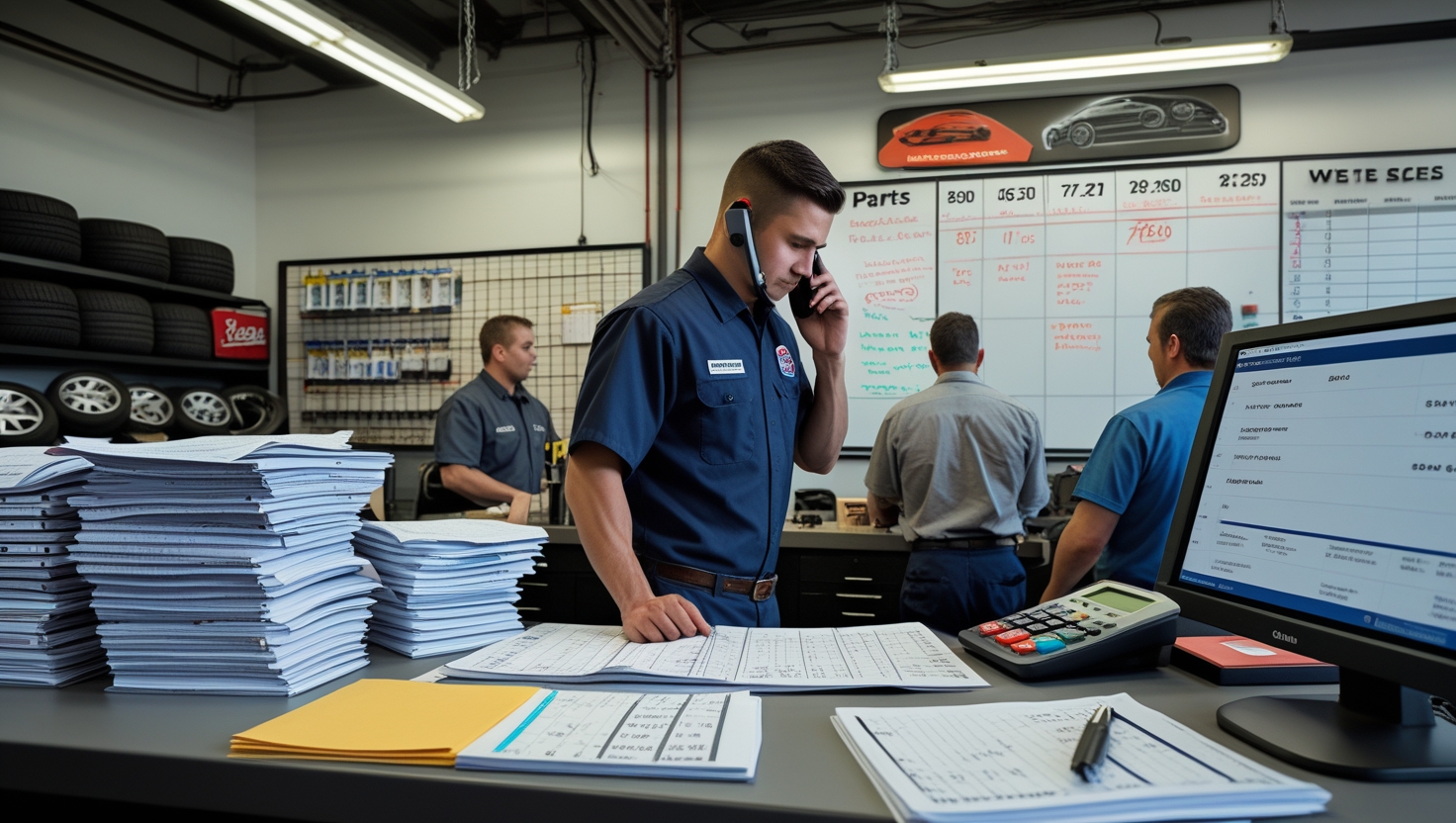 Busy auto repair shop with disorganized scheduling and manual paperwork
