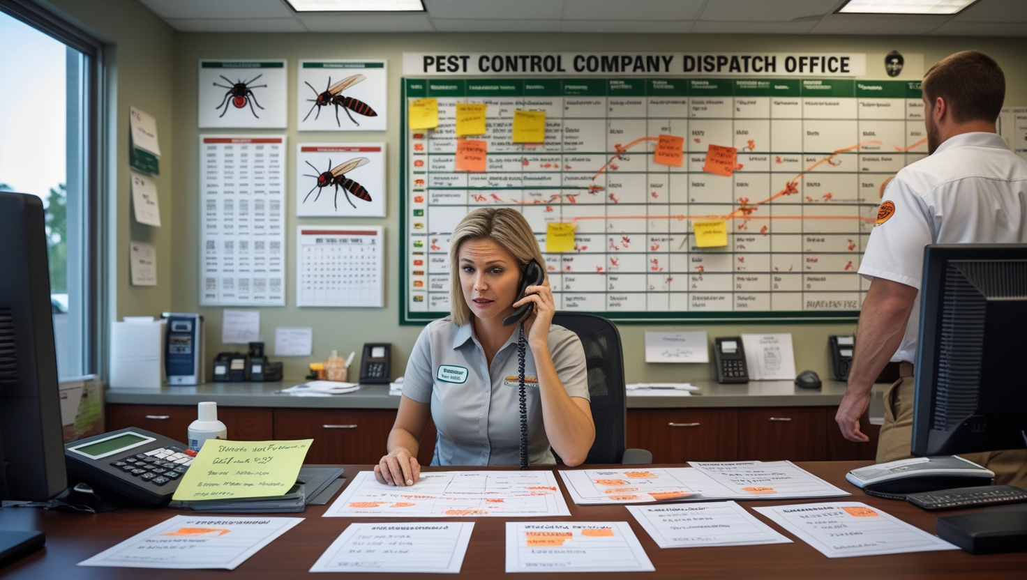 Chaotic pest control office with overwhelmed staff and manual scheduling systems