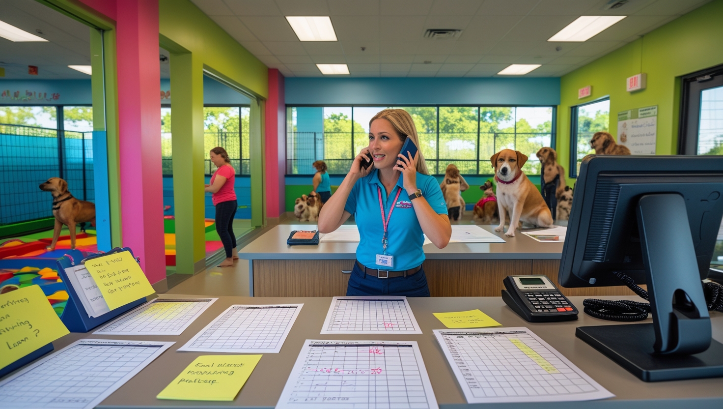 Chaotic pet boarding facility with overwhelmed staff and outdated manual booking systems