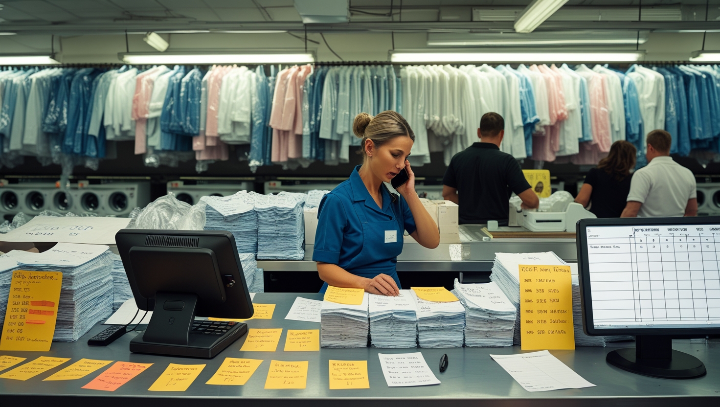 Chaotic laundromat with paper tickets and disorganized operations