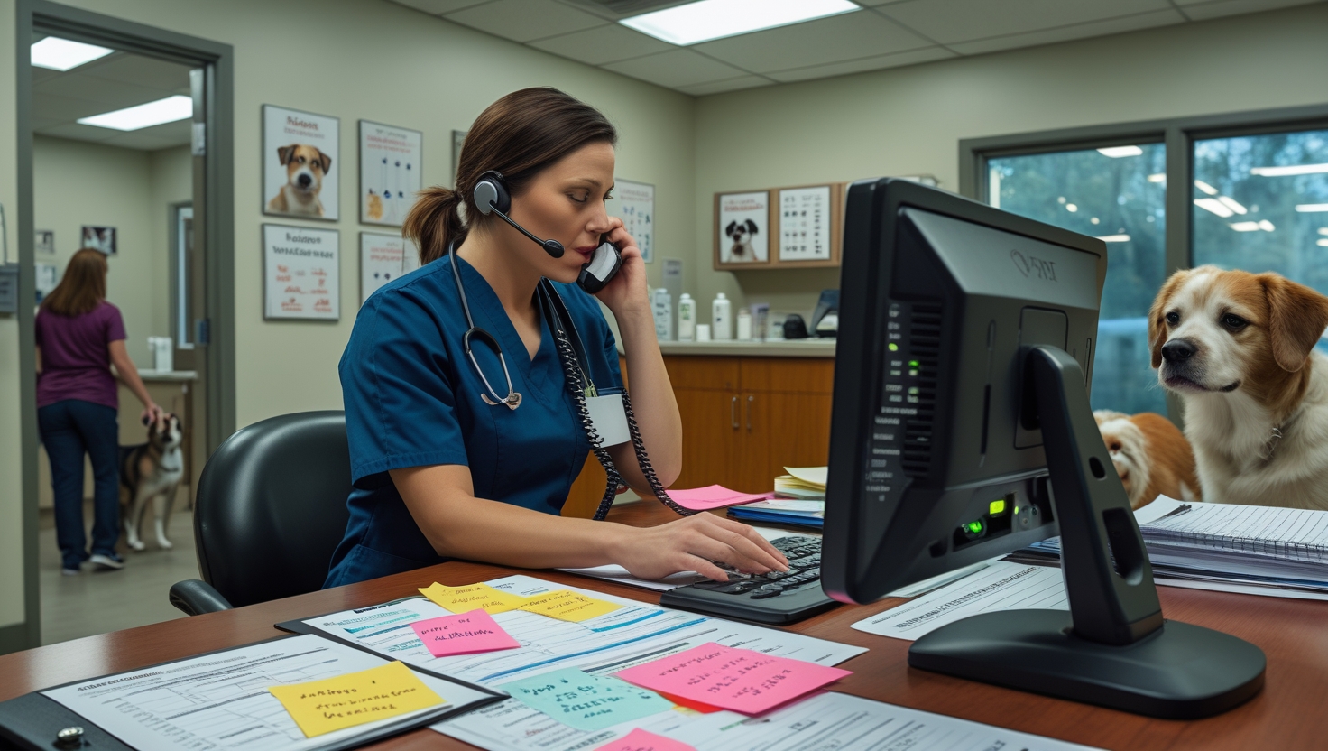 Chaotic veterinary clinic with overwhelmed staff and anxious pet owners