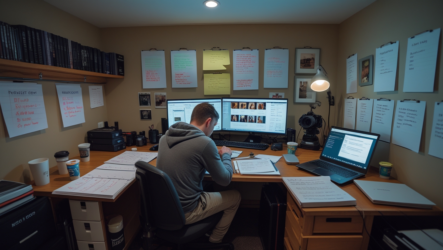 Cluttered photography studio with scattered equipment, overwhelmed photographer managing paperwork, and disorganized booking system
