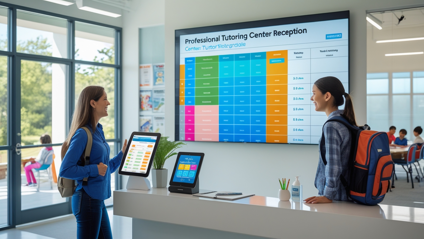 Modern tutoring center with digital systems, organized workflow, and engaged students