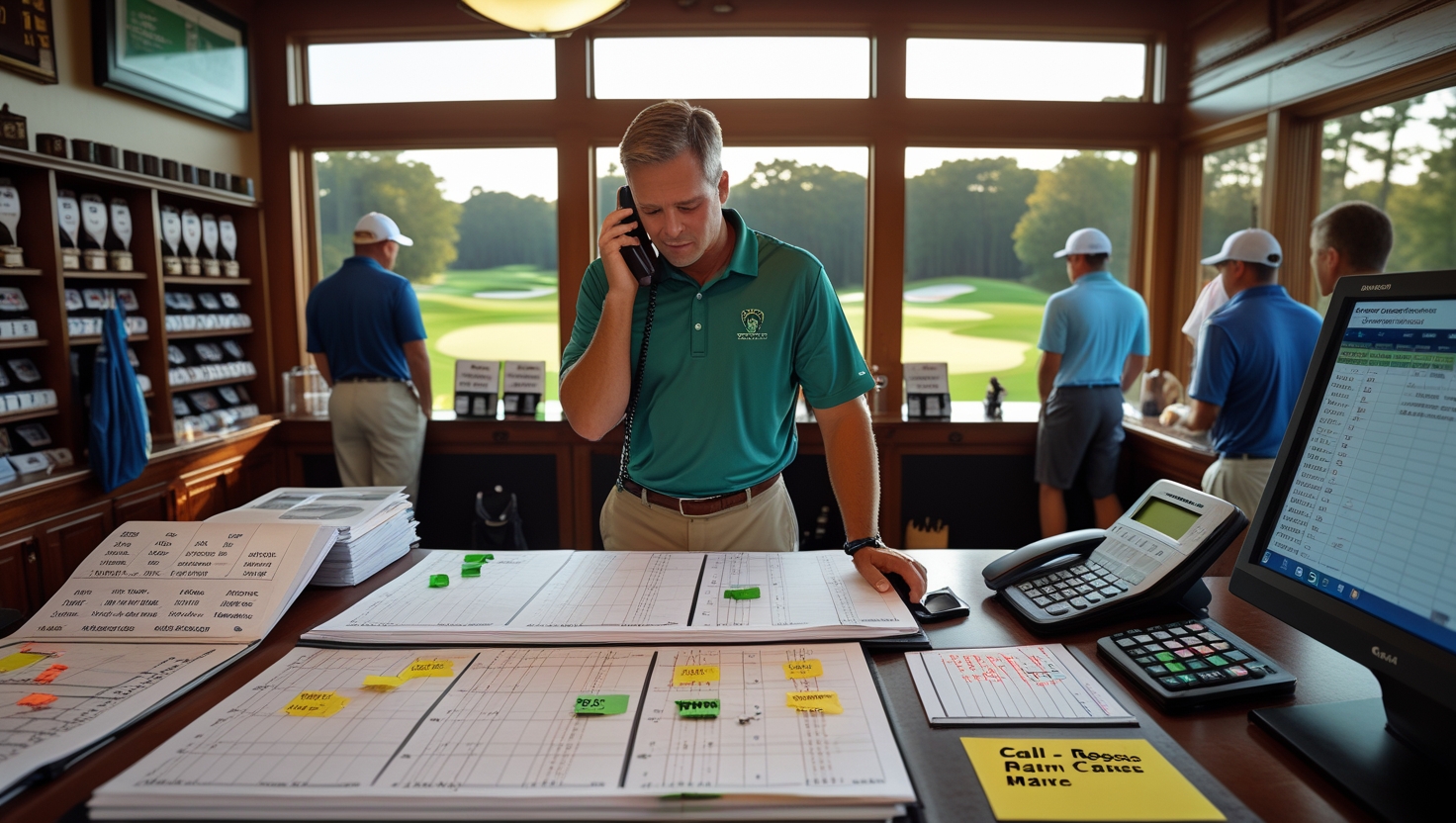 Chaotic golf course clubhouse with paper booking sheets, overwhelmed staff, and frustrated golfers waiting in lines