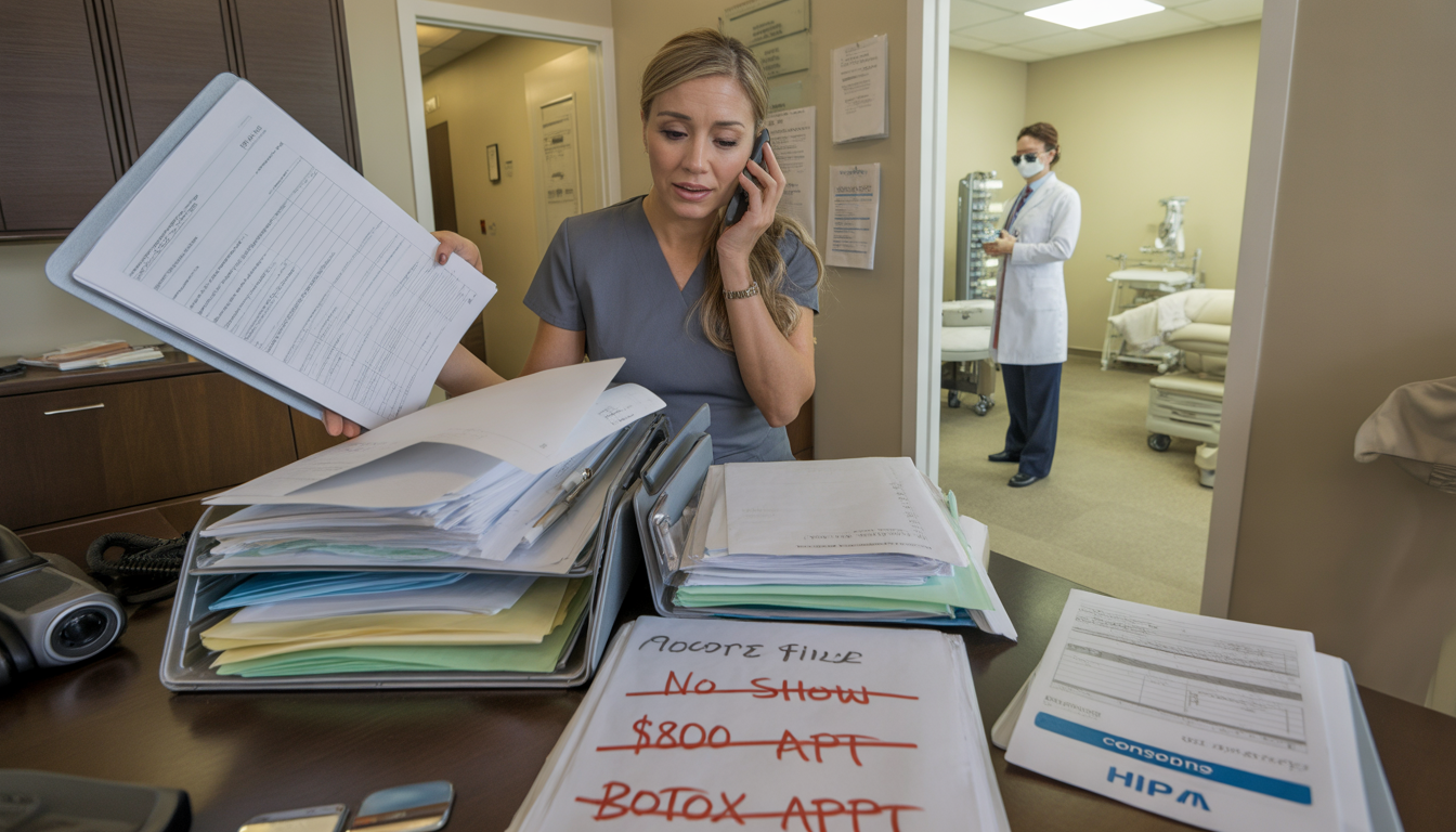 Disorganized medical spa with paper files and overwhelmed staff