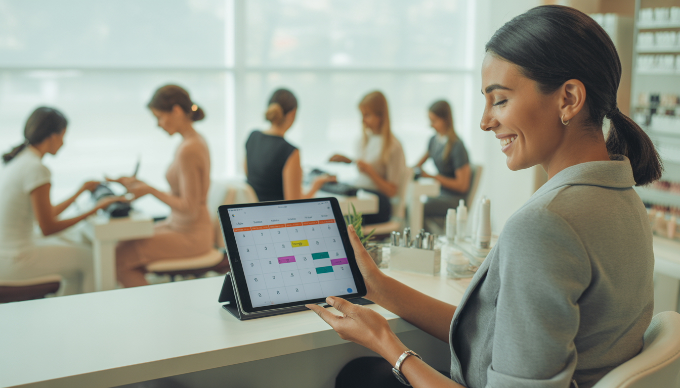 Modern nail salon with organized digital booking and happy staff