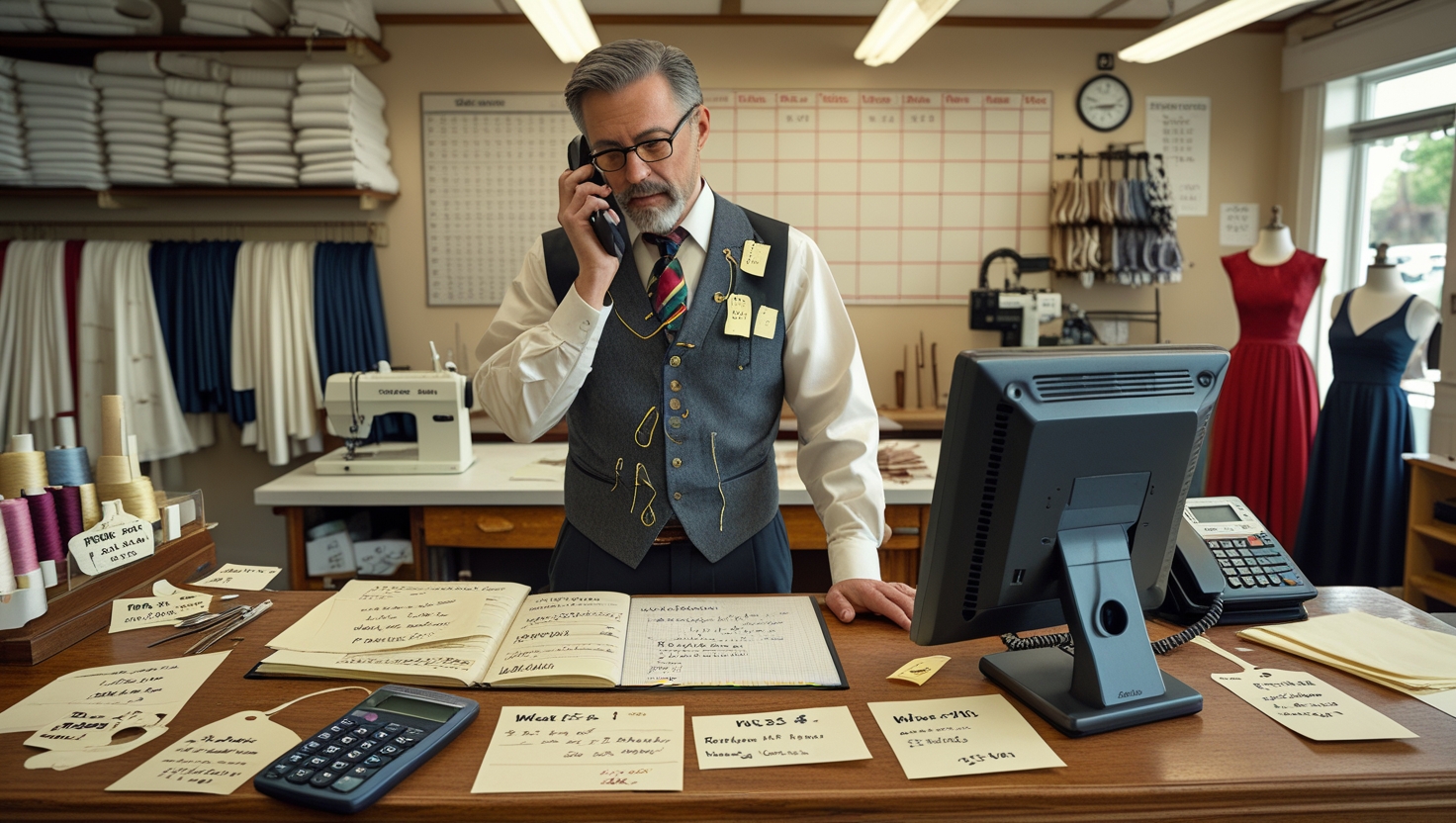 Busy tailor shop with manual scheduling and outdated systems