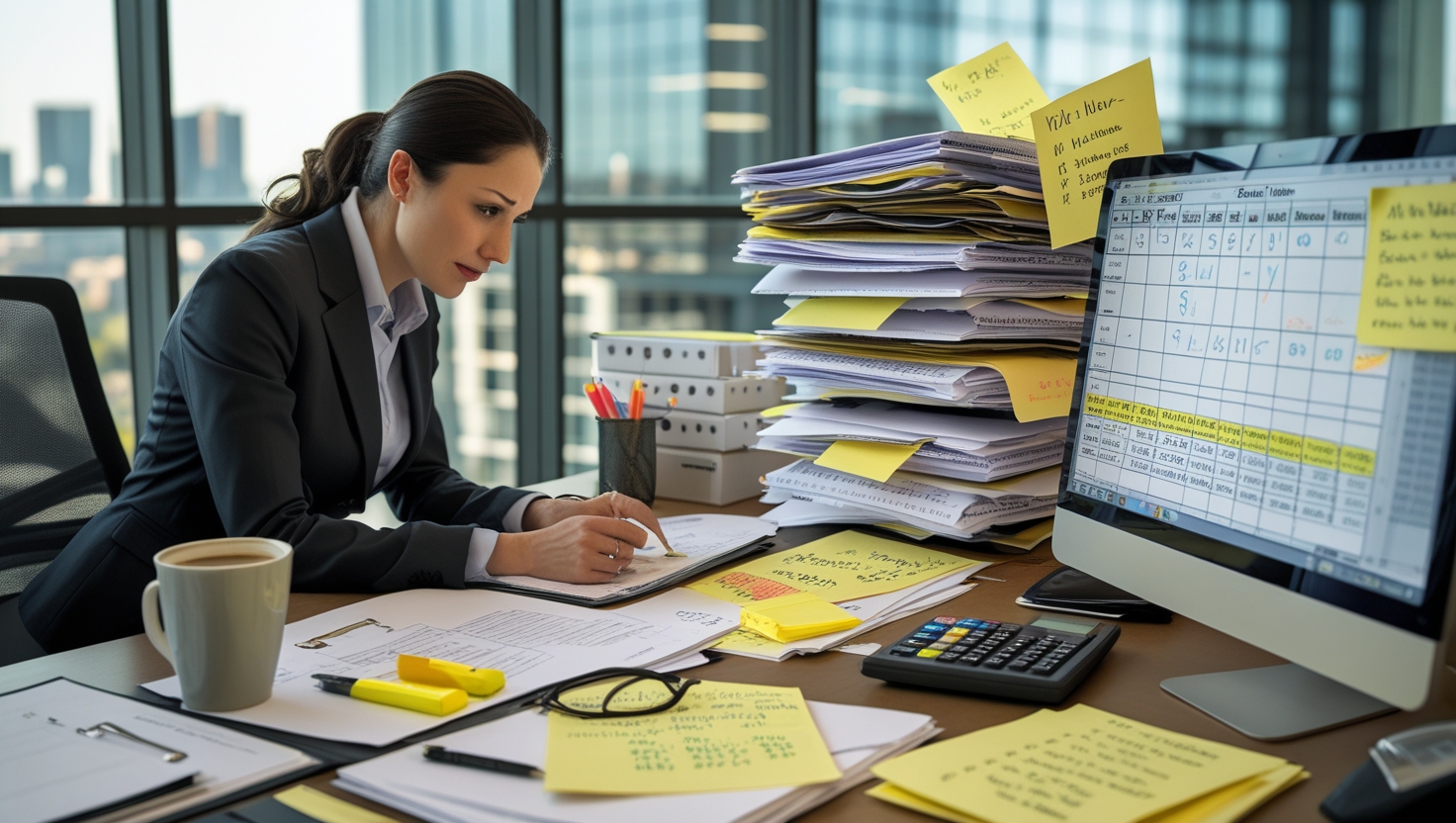 Chaotic consultant office with scattered papers, multiple phones, and overwhelmed professional managing projects manually