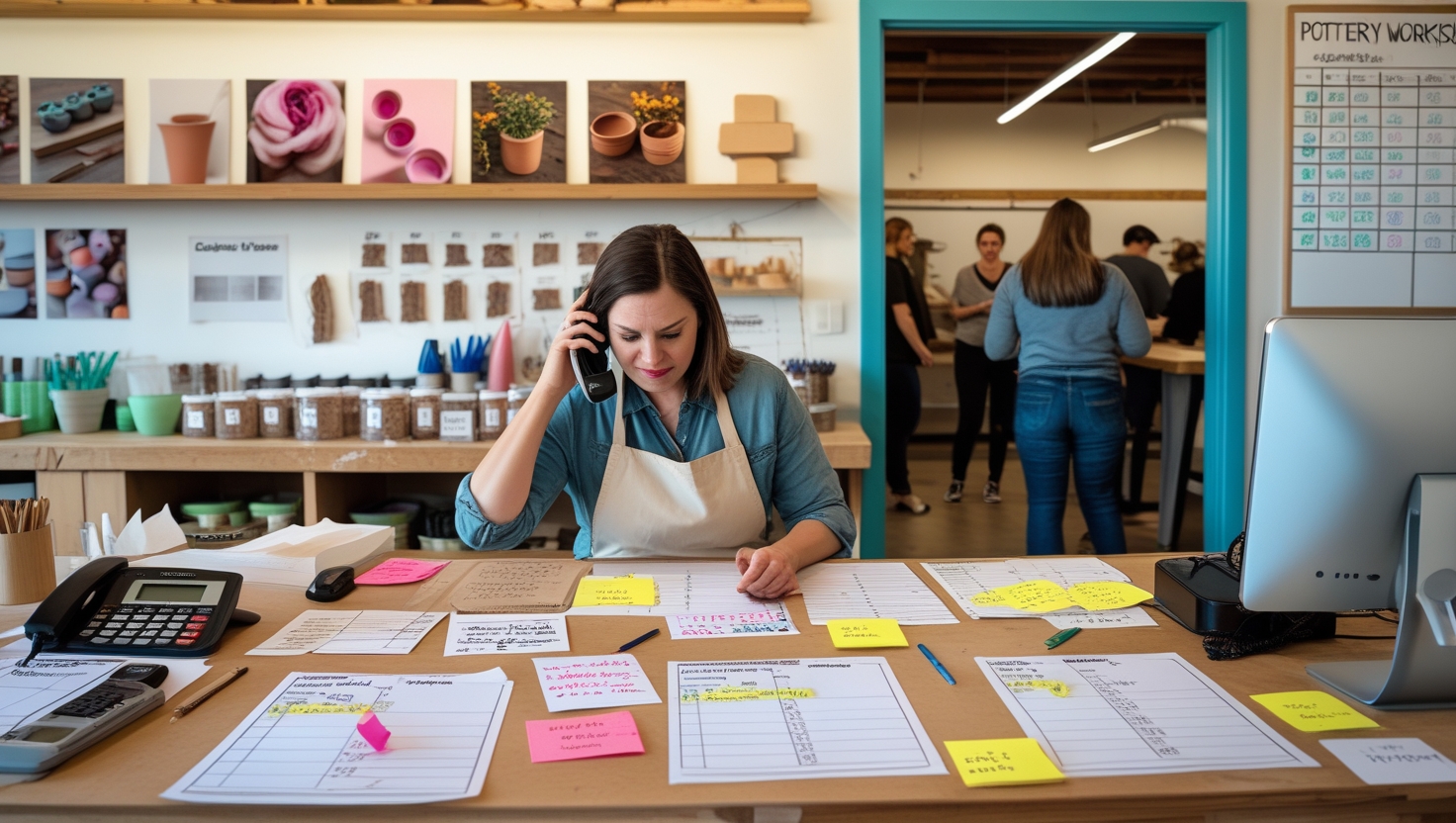 Cluttered craft workshop with manual booking and outdated website
