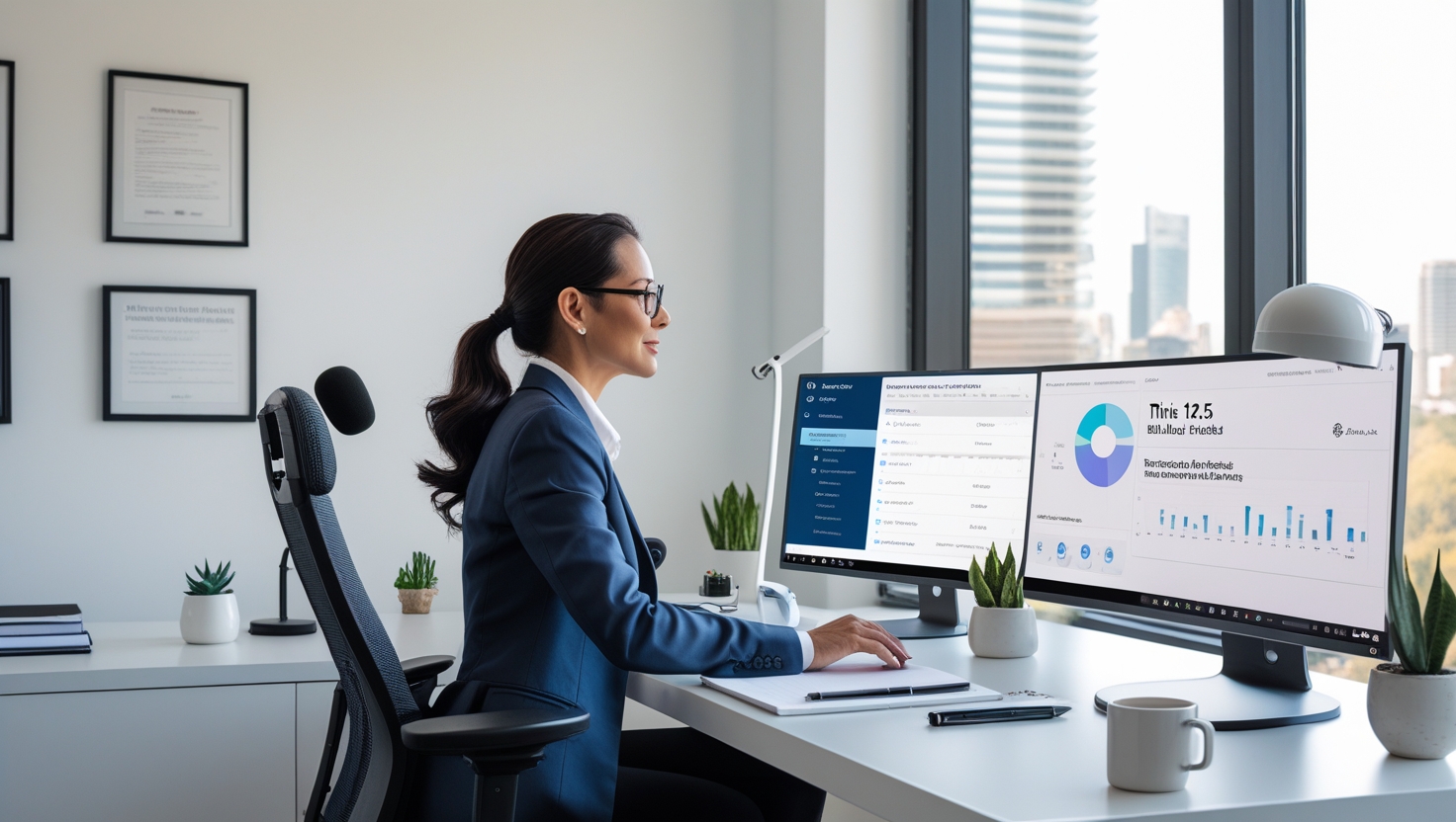 Professional consulting office with modern digital tools, organized dashboard, and streamlined project management systems