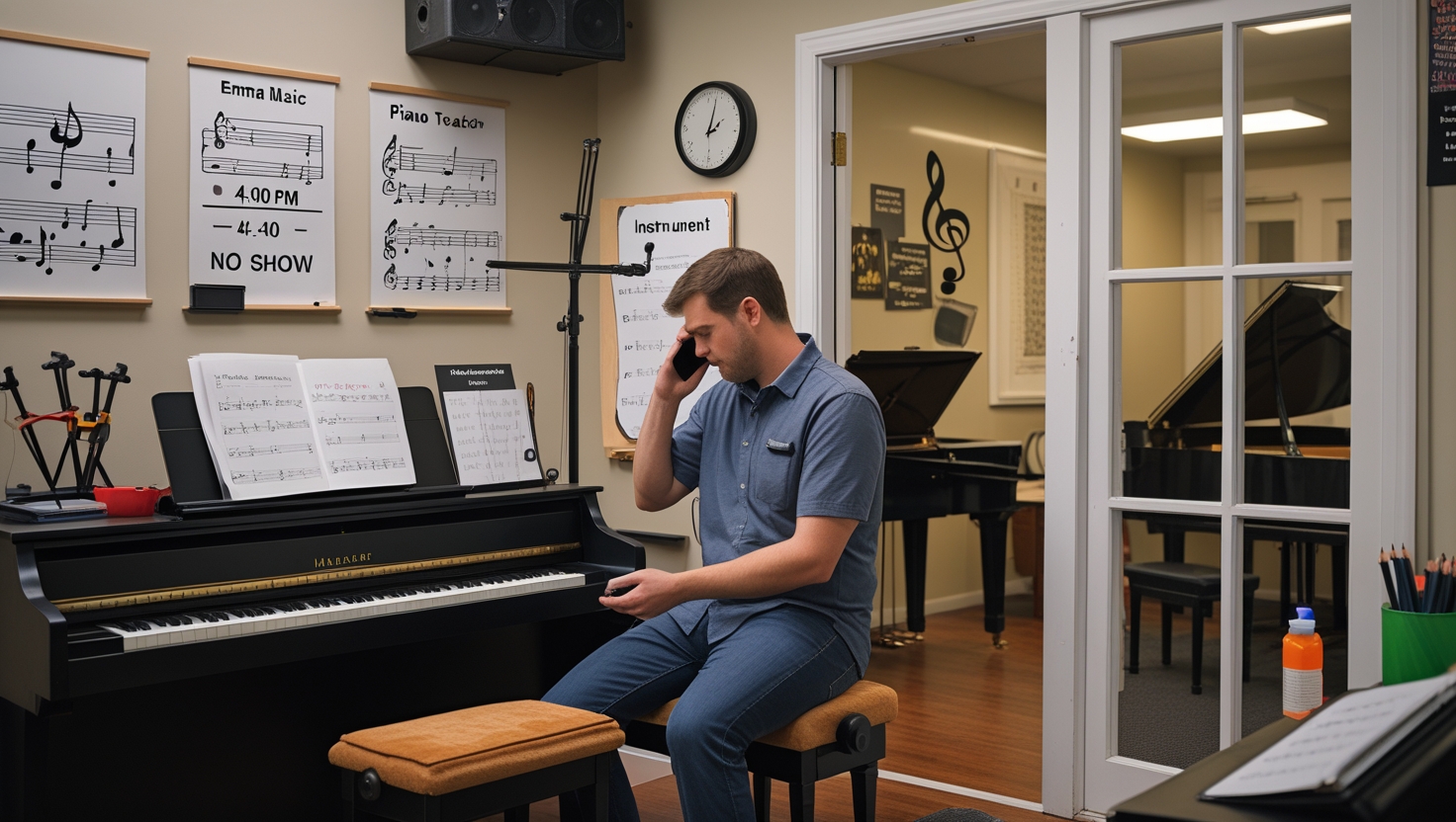 Chaotic music school reception with manual scheduling and overwhelmed staff