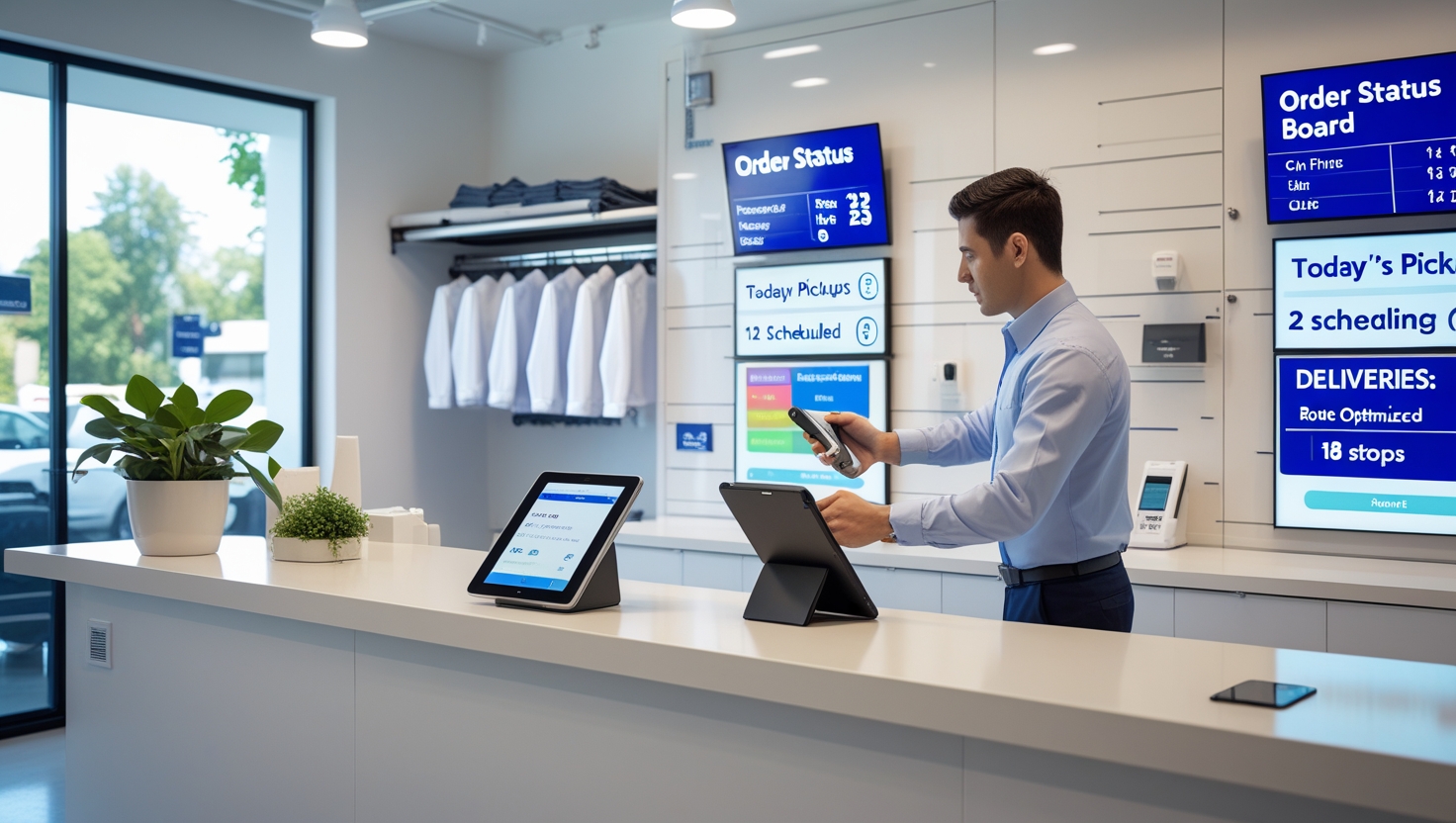 Modern laundry service with AI-powered digital systems and organized workflow