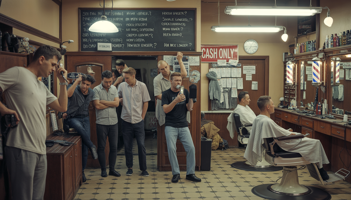 Chaotic barber shop with manual management and waiting customers