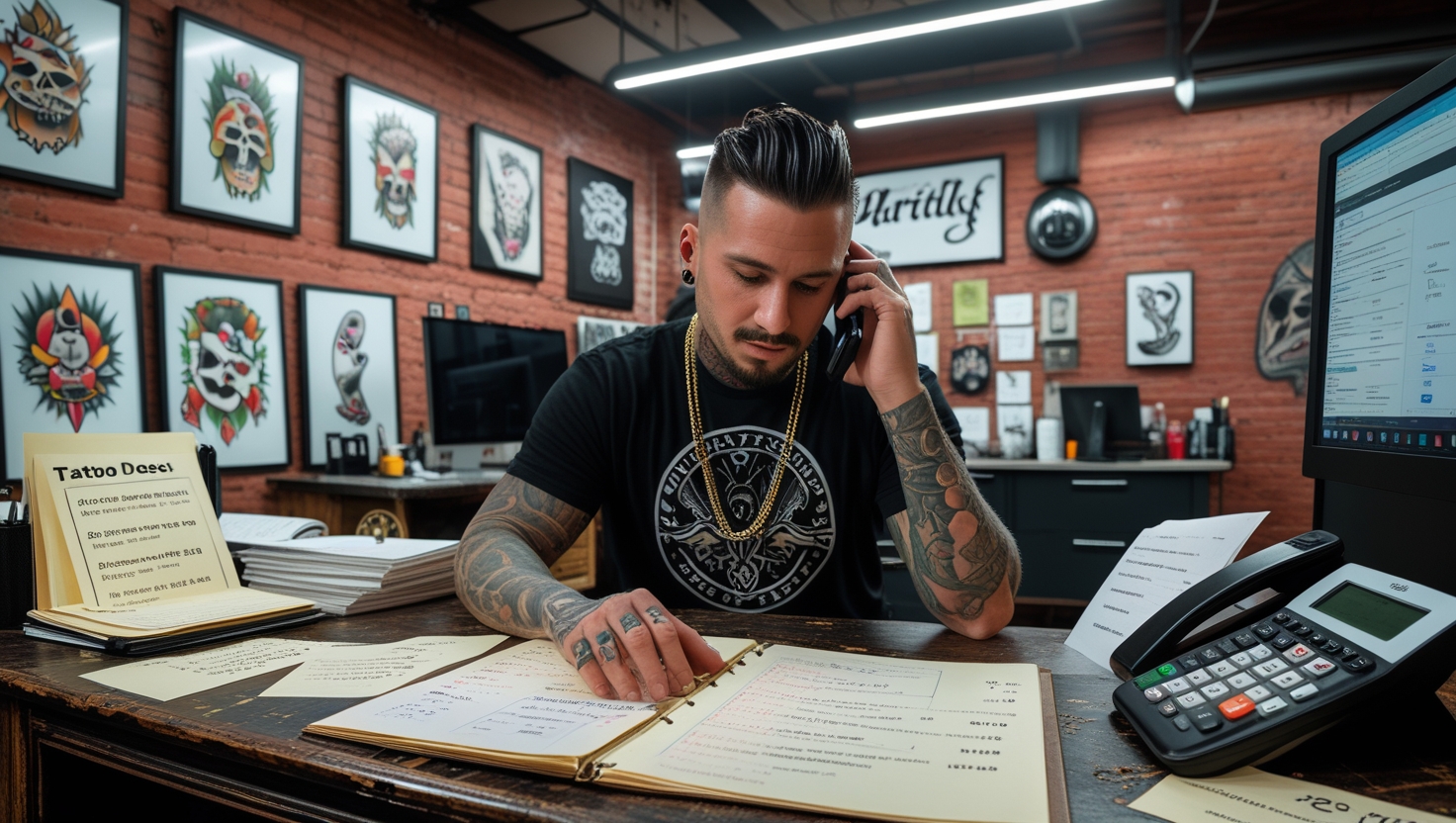 Chaotic tattoo studio reception with overwhelmed staff and outdated manual booking systems