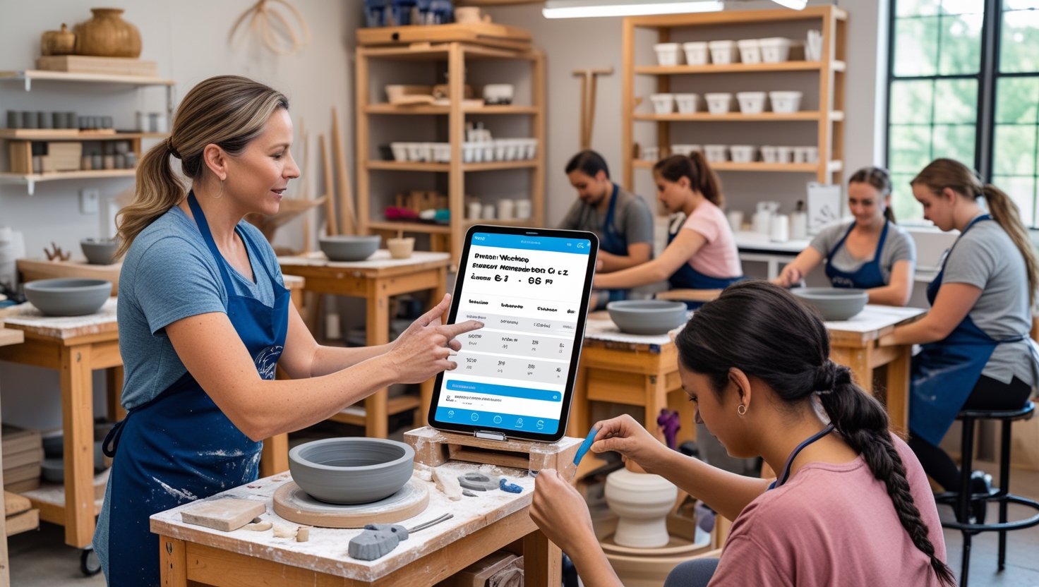 Modern craft workshop with AI-powered booking and organized operations
