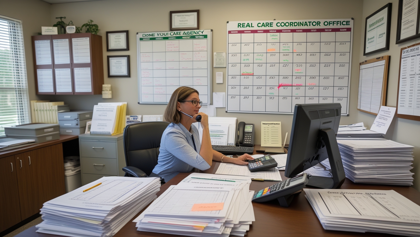 Cluttered senior care office with overwhelmed staff and manual scheduling systems