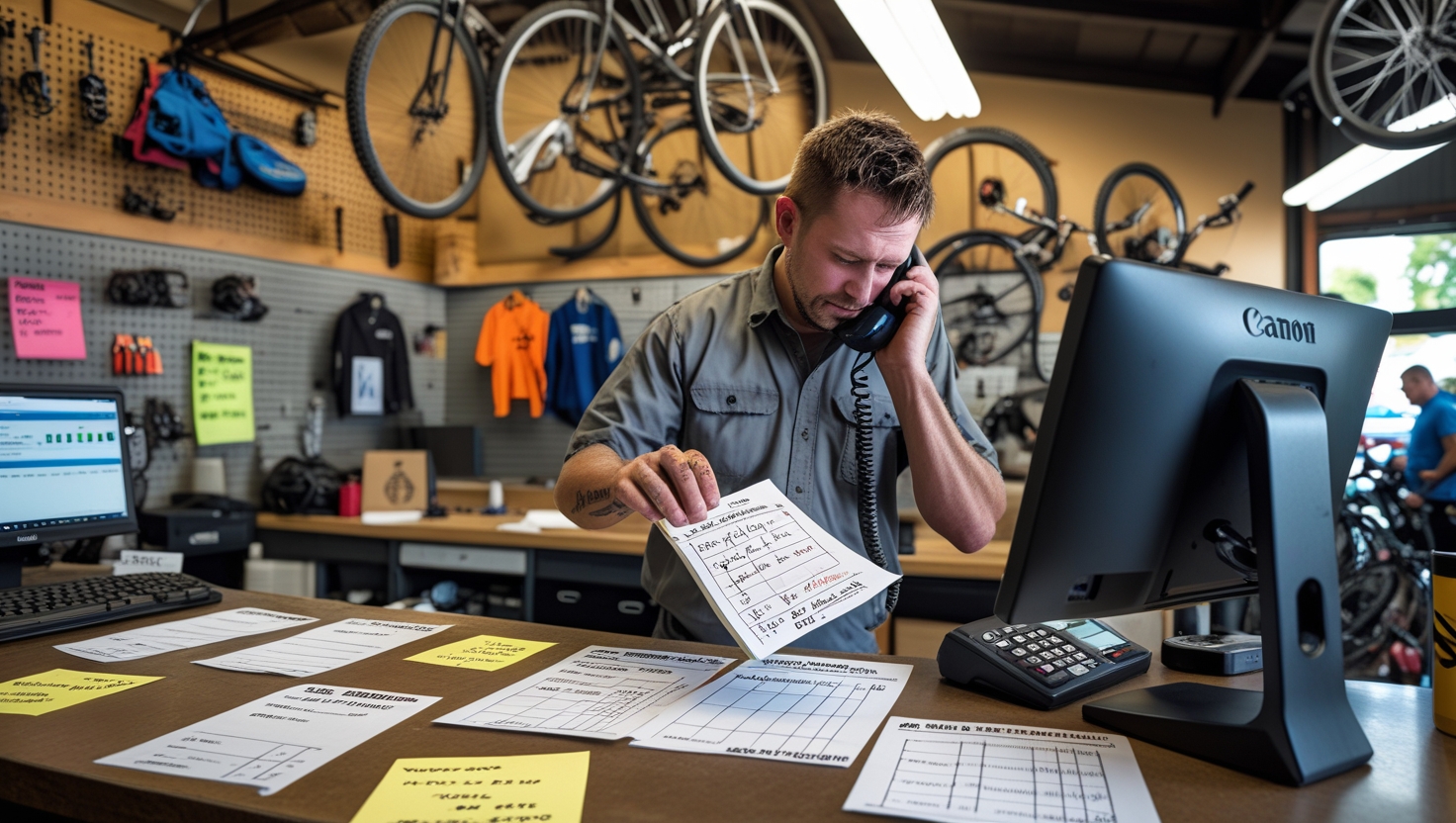 Cluttered bicycle shop with stressed staff managing phone calls and repairs simultaneously