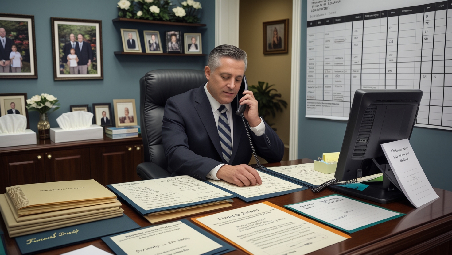 Funeral home with staff managing phone calls and paperwork manually