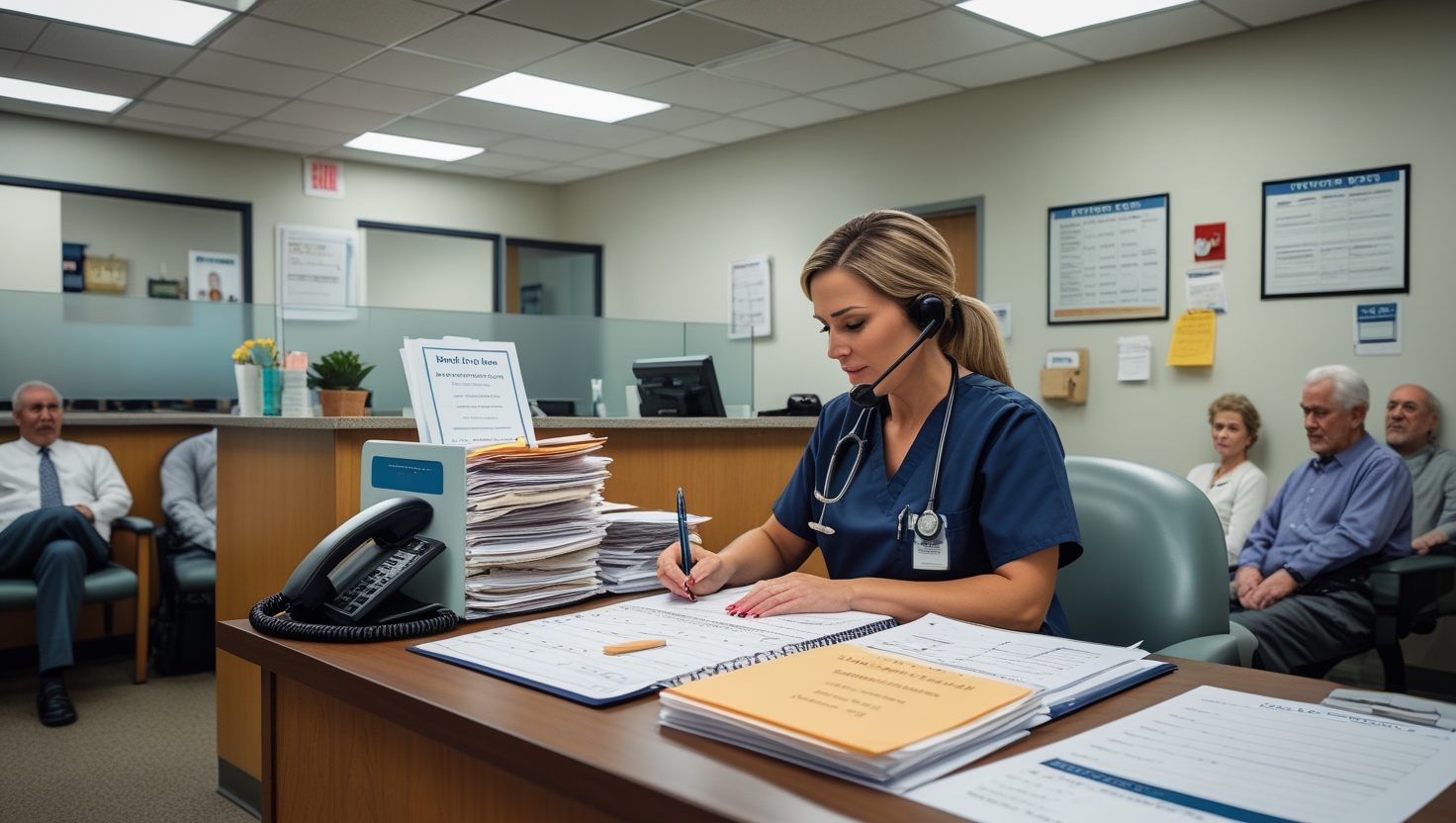 Busy healthcare practice with overwhelmed staff and manual scheduling