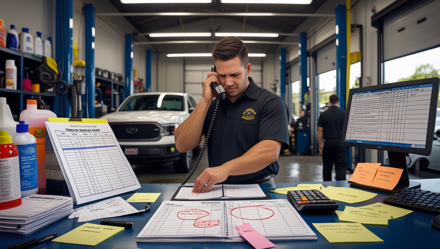 Cluttered car detailing shop with disorganized tools and stressed staff