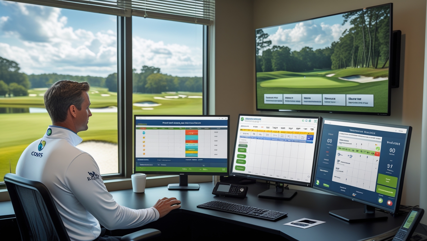 Modern golf course with digital booking systems, organized operations, and satisfied golfers using mobile apps
