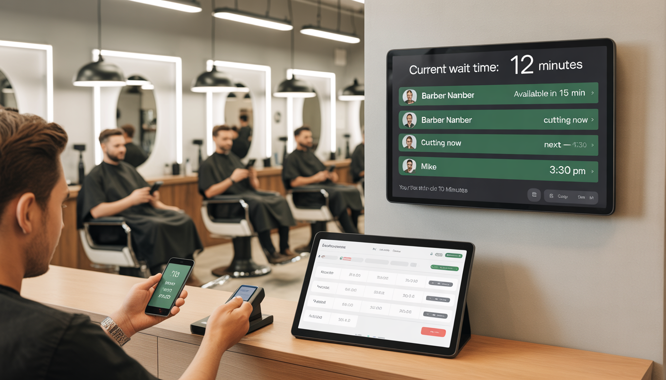 Modern barber shop with digital queue management and organized operations
