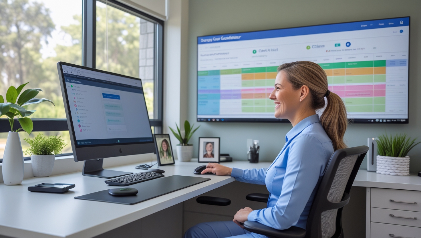 Modern senior care facility with AI-powered systems and organized operations