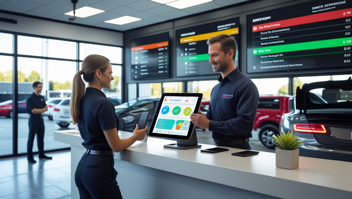 Modern auto repair shop with digital service management and organized workflow