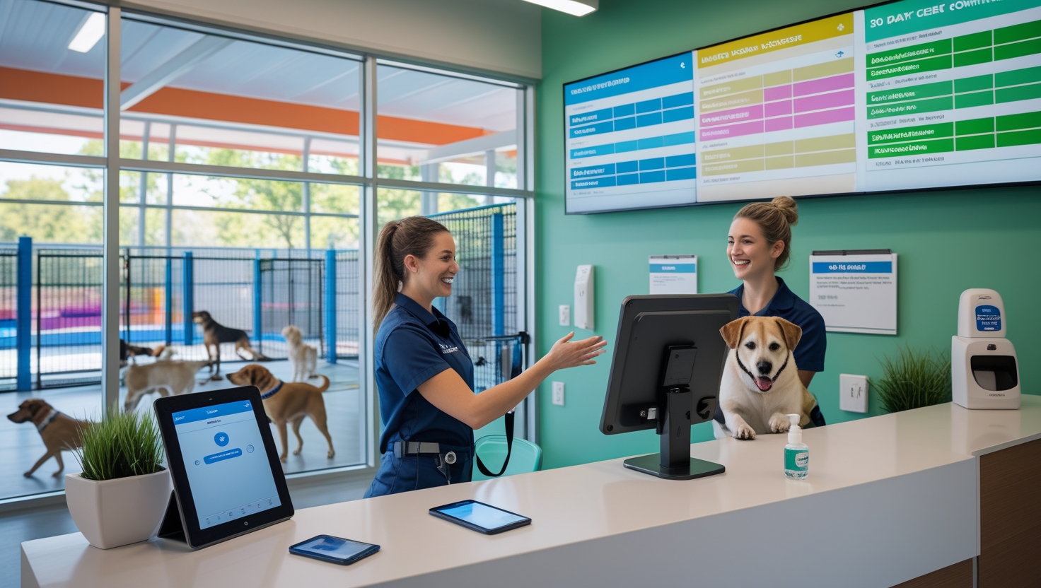 Modern pet boarding facility with AI-powered digital booking system and streamlined operations
