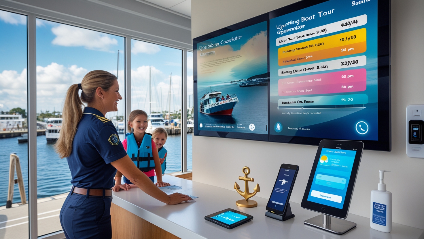 Modern boat tour operation with digital check-in and organized marina