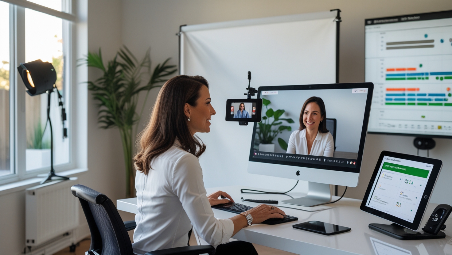 Professional coach with modern digital tools, organized client dashboard, and streamlined operations