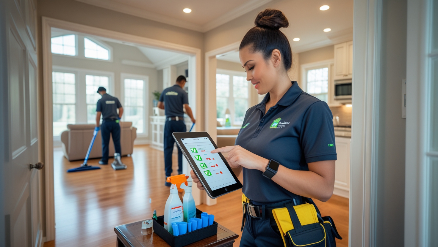 Professional cleaning company office with digital scheduling and organized operations