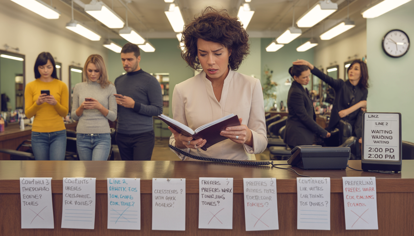 Busy salon with overwhelmed staff managing manual appointments