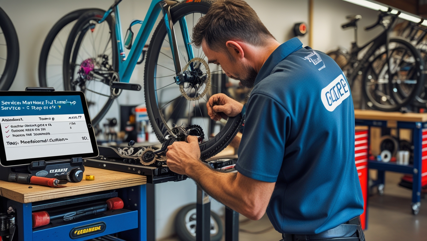 Modern bicycle shop with organized workspace and digital booking system