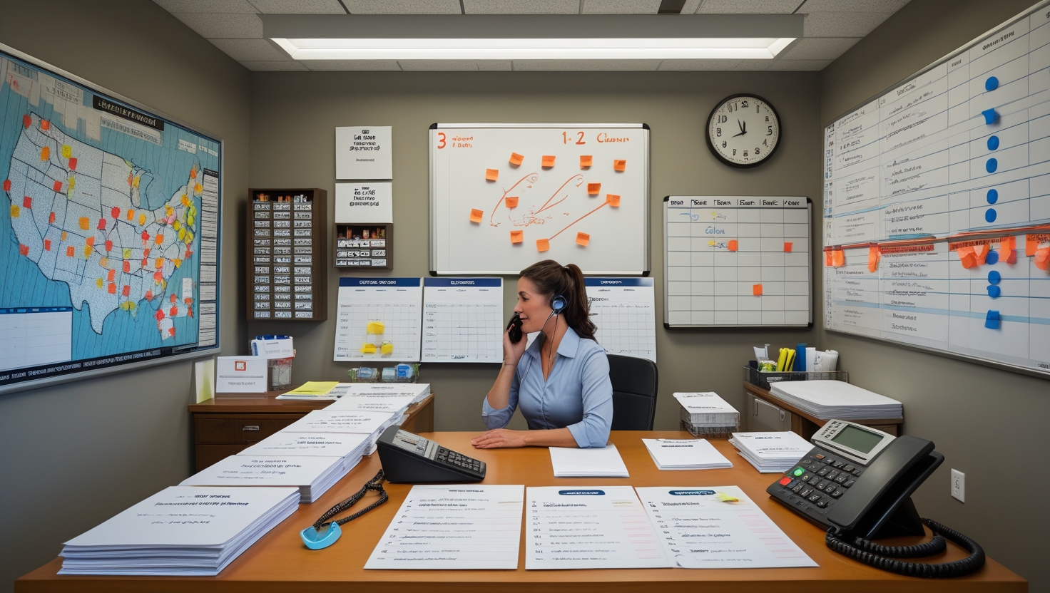 Chaotic cleaning company office with papers everywhere and stressed staff