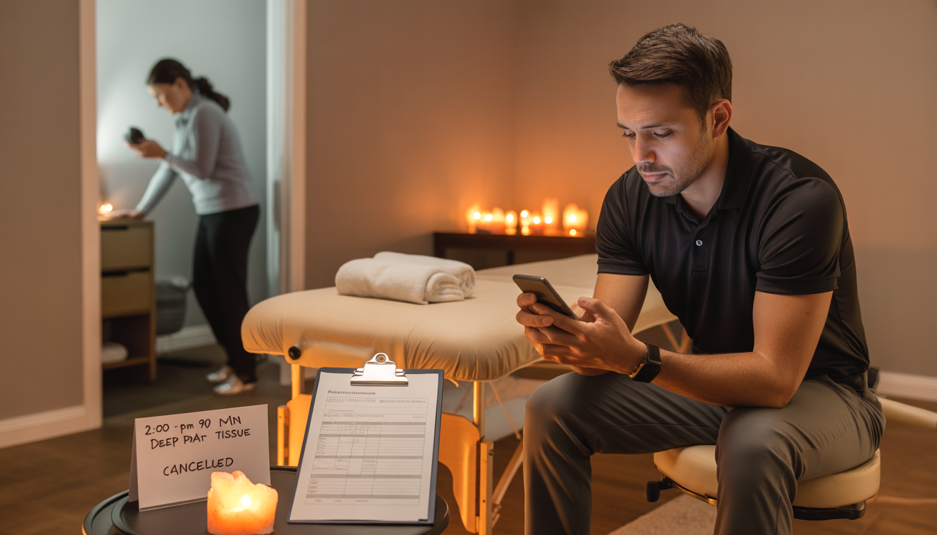 Disorganized massage center with overwhelmed staff and manual booking systems