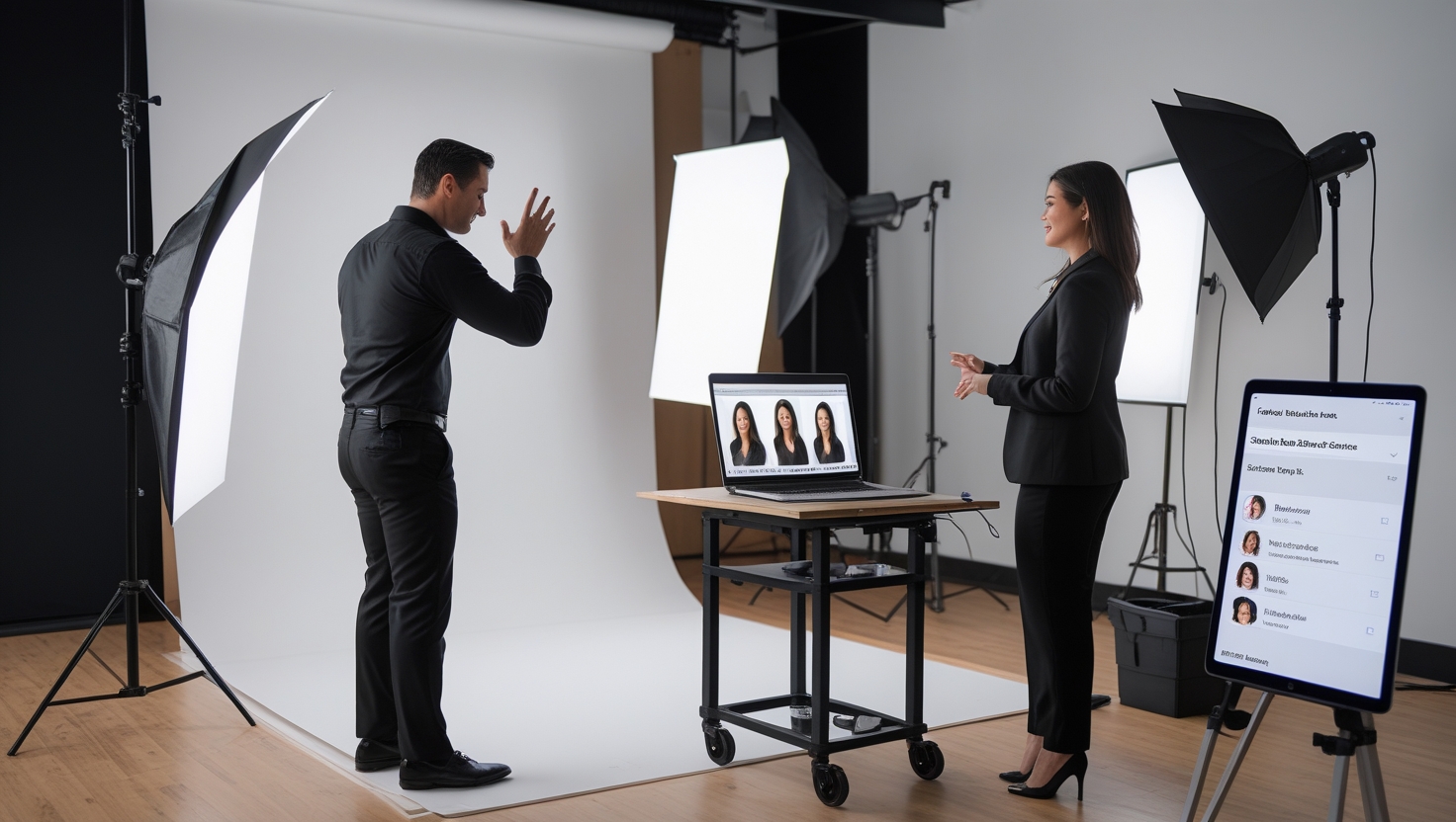 Organized photography studio with modern equipment, photographer using laptop with client management system, and digital workflow displays