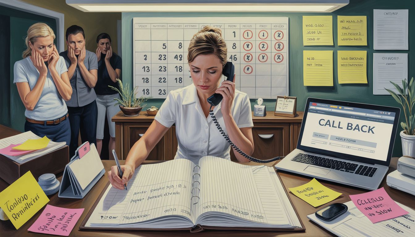 Chaotic spa reception with overwhelmed staff and outdated systems