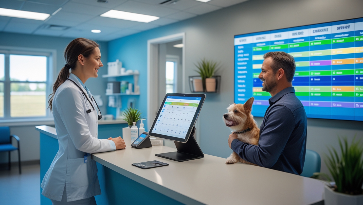 Modern veterinary clinic with AI-powered systems and organized workflow